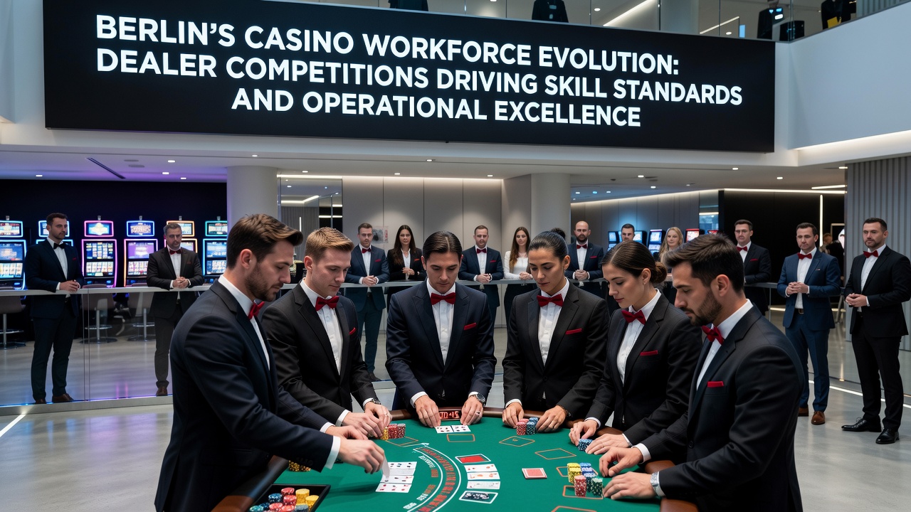 Szenen aus Dealer-Wettbewerben mit Teilnehmern bei Übungen und Bewertungen in einem deutschen Casino