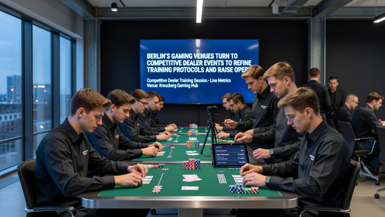 Gruppe von Dealern bei einer Bewertungsrunde mit Fokus auf Kartenausgabe und Spielerinteraktion