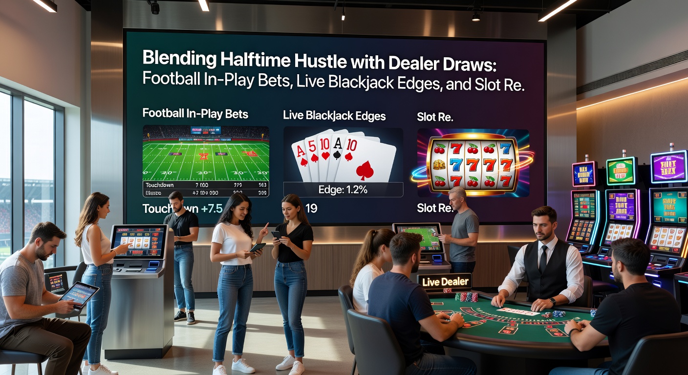 Live-Casino-Tisch mit Blackjack, umgeben von Slot-Maschinen und Fußball-Übertragungsscreens