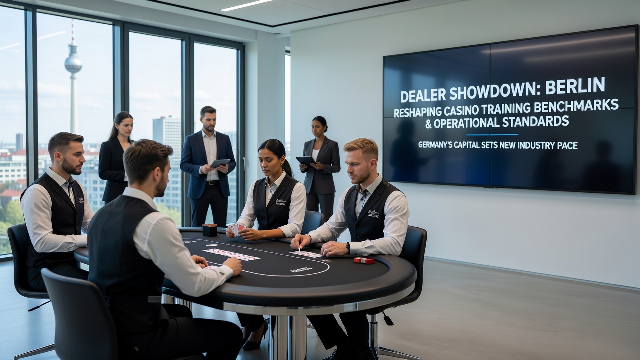 Gruppe von Dealern bei der Bewertung und Diskussion von Spieltechniken in einem modernen Casino-Setting