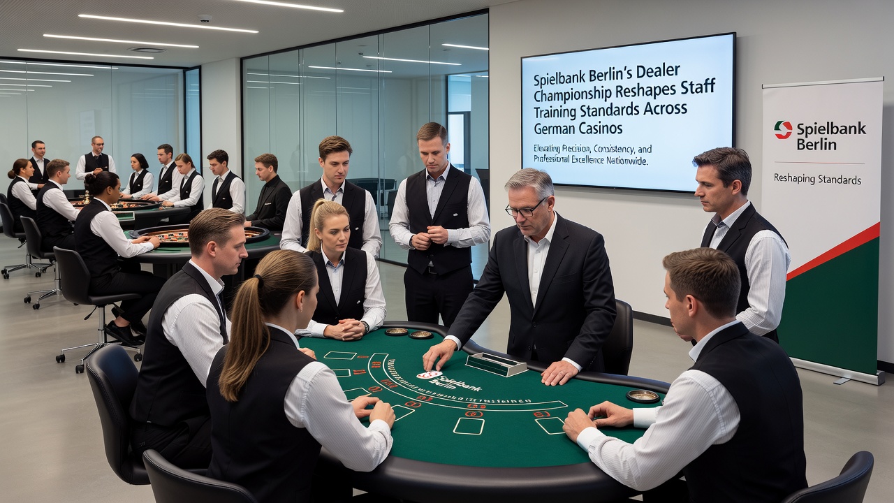 Teilnehmer der Dealer Championship bei einer praktischen Übung am Blackjack-Tisch